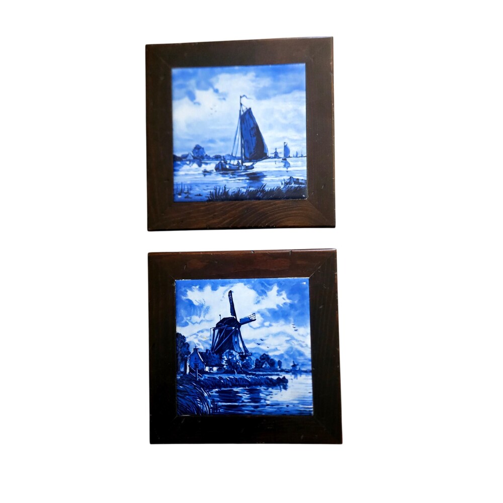 Vtg Set of 2 H&R Johnson Made in England Dutch Windmill Sailing Boat Wall Decor